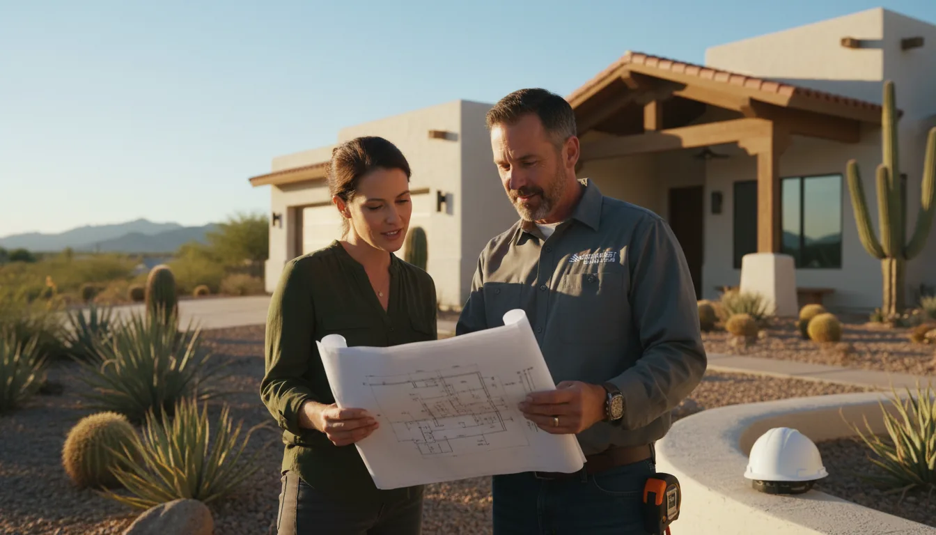 Homeowner and insulation contractor reviewing blueprints outside an Arizona desert home