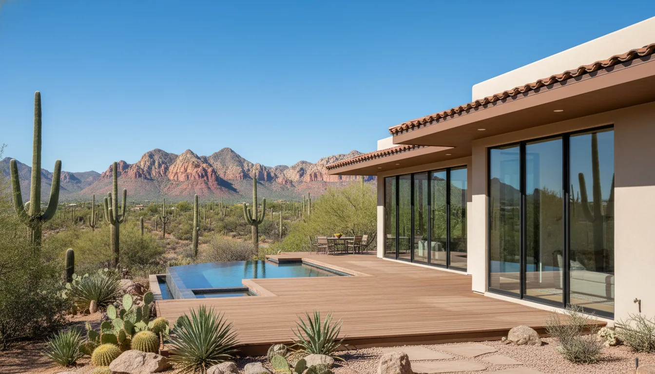 Modern Arizona desert home with pool and mountain views under clear summer sky
