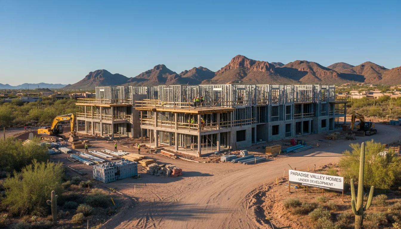 Multi-story Arizona residential building under construction with steel framing exposed