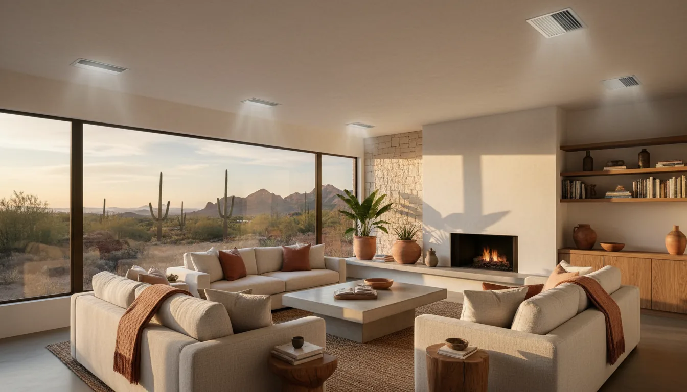 Comfortable Arizona living room with ceiling air vent and desert view through large windows