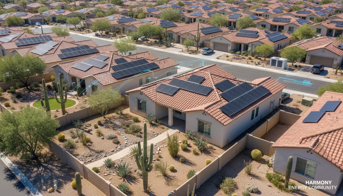 Aerial view of an Arizona neighborhood with rooftop solar panels on tile roofs