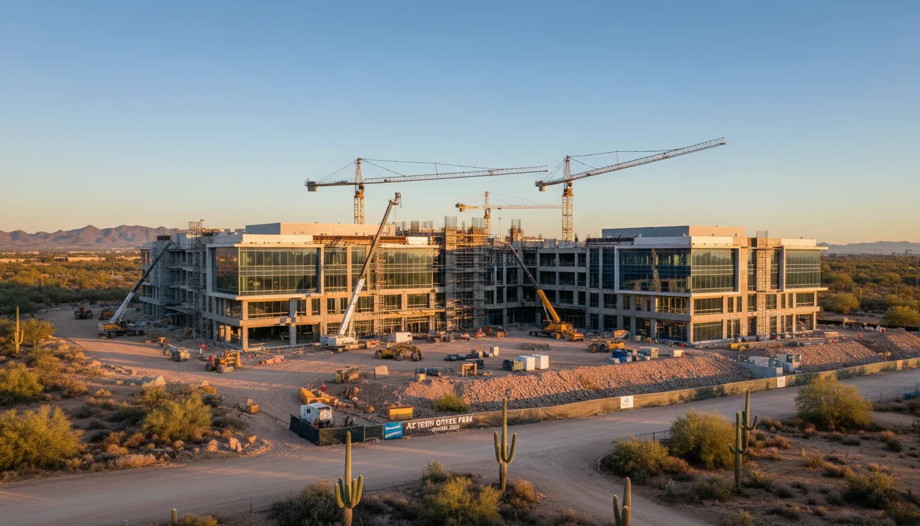 Large Arizona commercial office building under construction with tower cranes at sunset