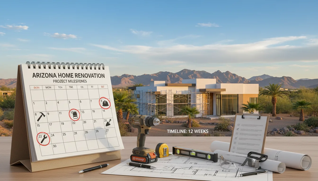 Project calendar and tools on a desk with an Arizona home renovation in the background