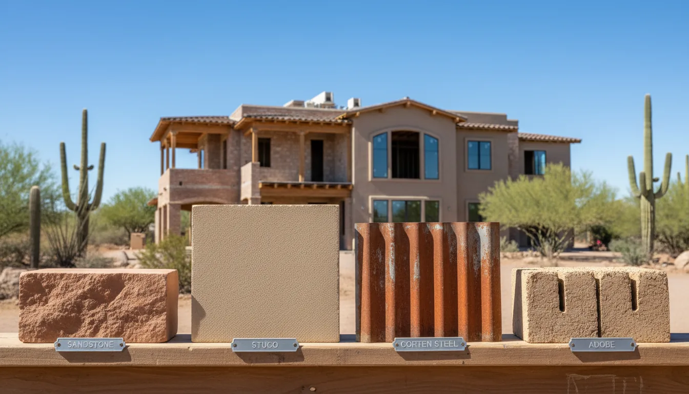 Side-by-side insulation material samples displayed in front of an Arizona desert home