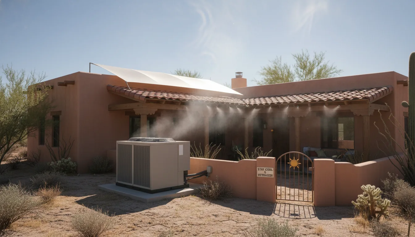 Arizona stucco home with air conditioning unit running in intense summer desert heat