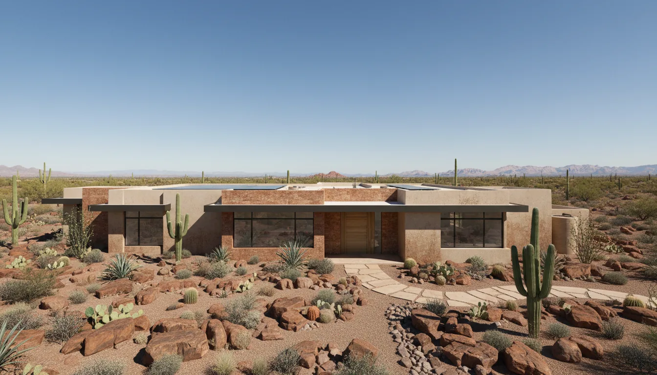 Low-profile modern desert home built into Arizona rock and cactus landscape