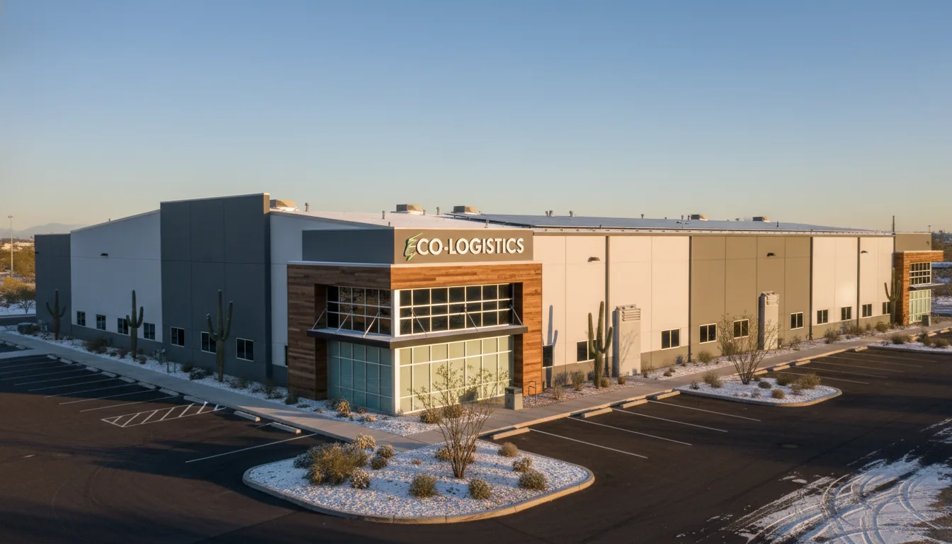 Arizona commercial logistics warehouse exterior on a cold winter morning
