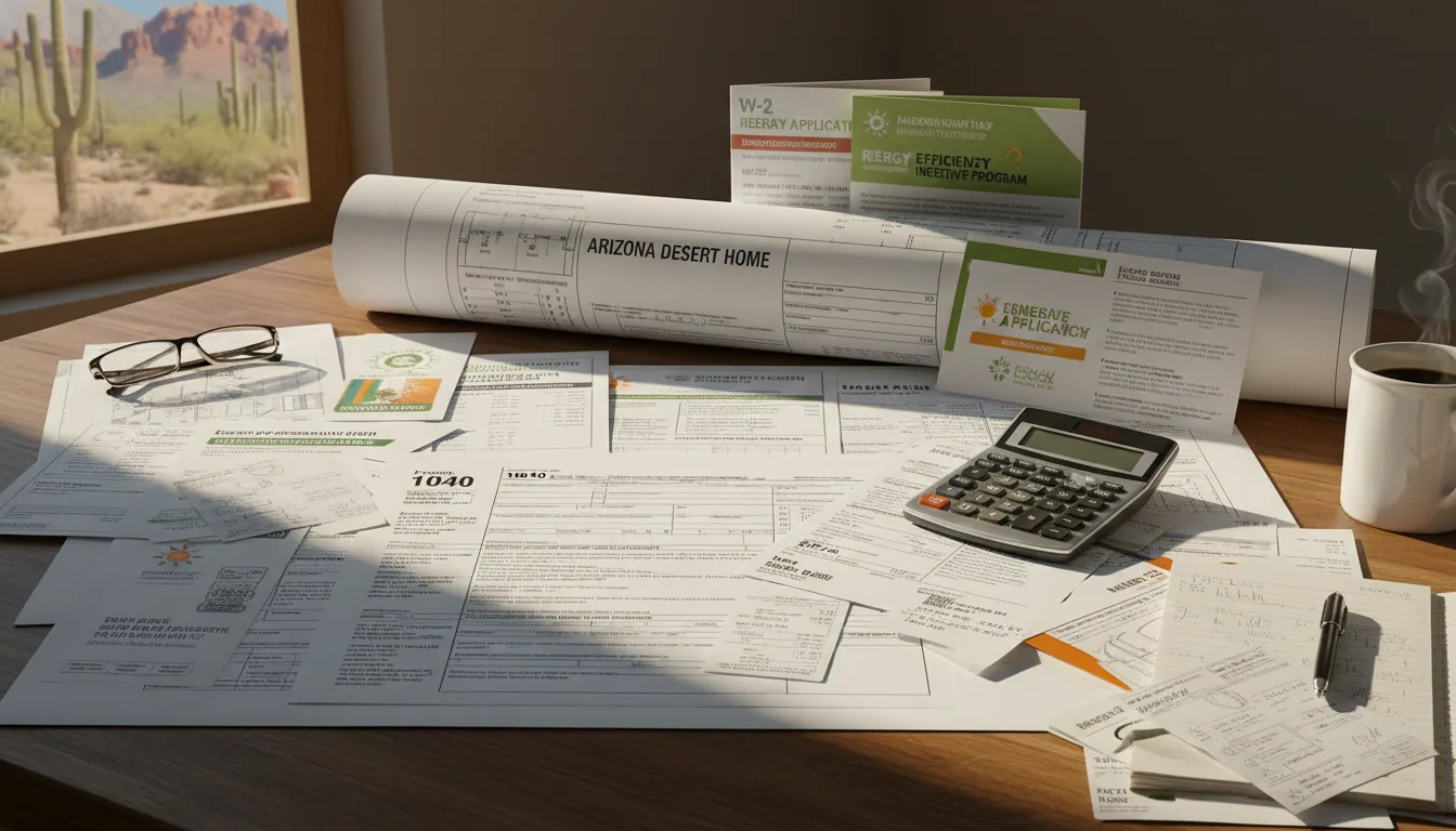 Arizona energy rebate paperwork, tax forms and a calculator spread across a desk