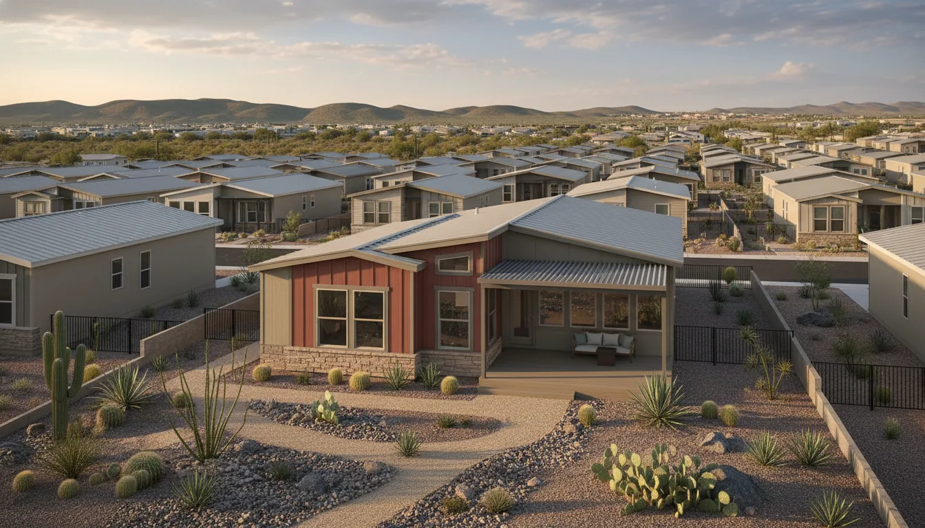 Arizona manufactured home community with metal-roofed homes and desert landscaping