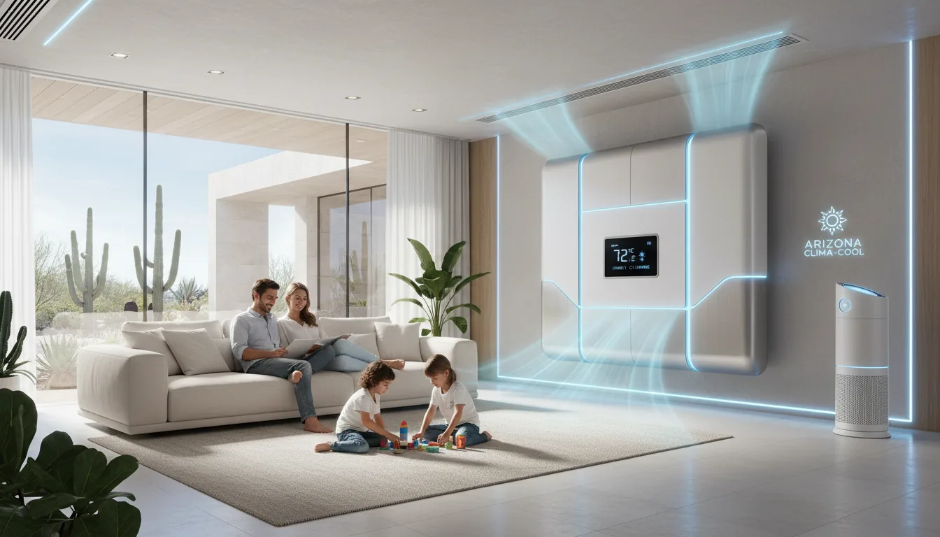 Family relaxing in a cool Arizona living room while the desert heat stays outside