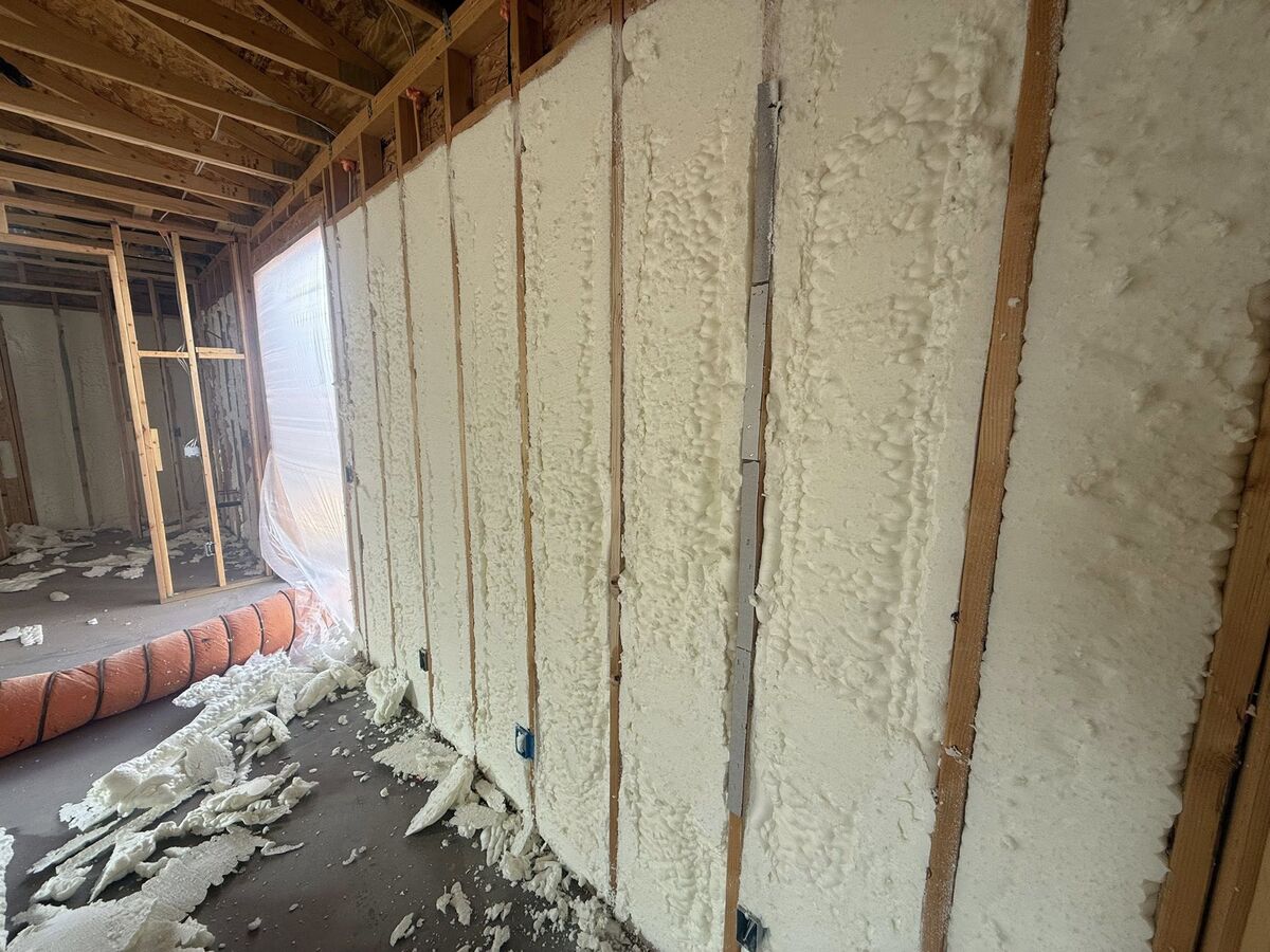 New-construction interior wall freshly sprayed with open-cell spray foam insulation filling every cavity